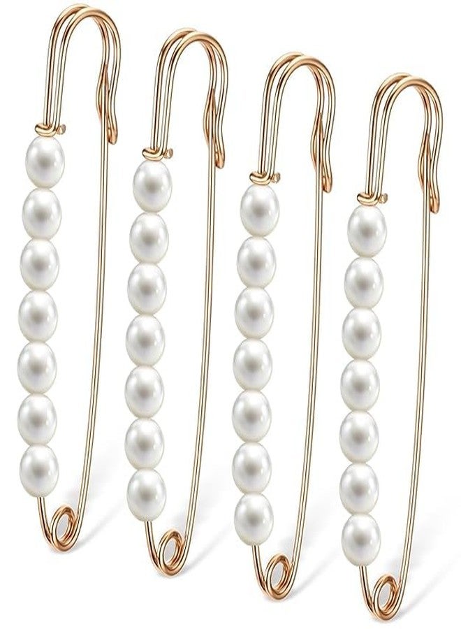 PURCHASE ZONE Pearl Safety Pins, Gold Plated, Decorative Brooch Pins for Women, Saree, Dupatta, Shawl & Dresses, Women's Faux Pearl Waist Pin Safety Hijab Clips [ Pack of 4 ] - Image 1