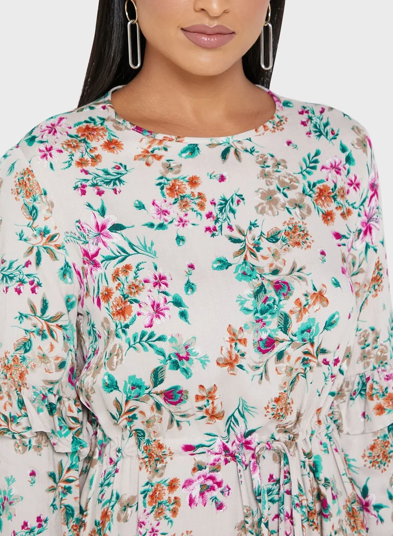 Refka by modanisa Crew Neck Floral Print Dress