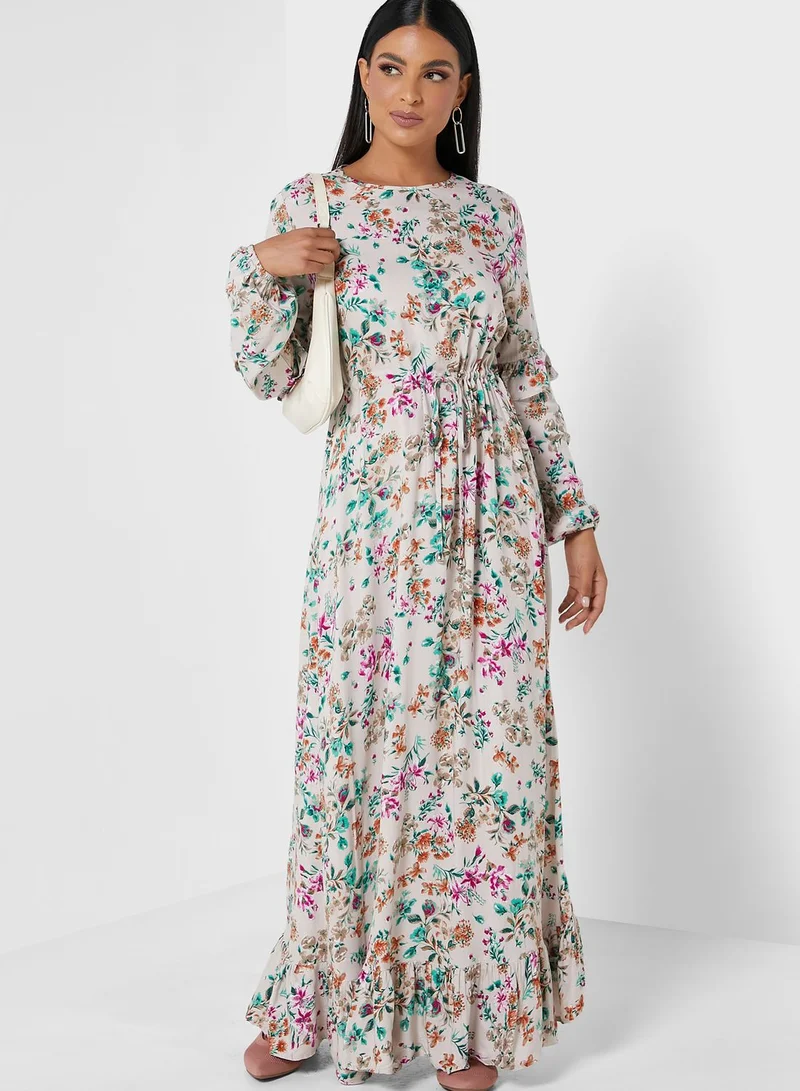 Refka by modanisa Crew Neck Floral Print Dress