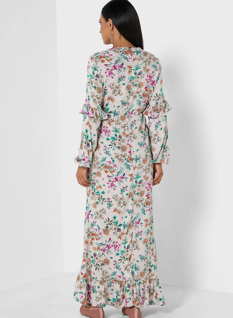 Refka by modanisa Crew Neck Floral Print Dress