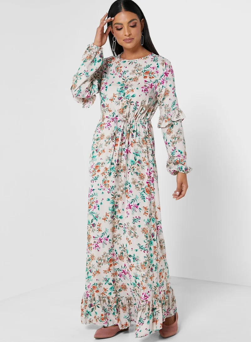 Refka by modanisa Crew Neck Floral Print Dress