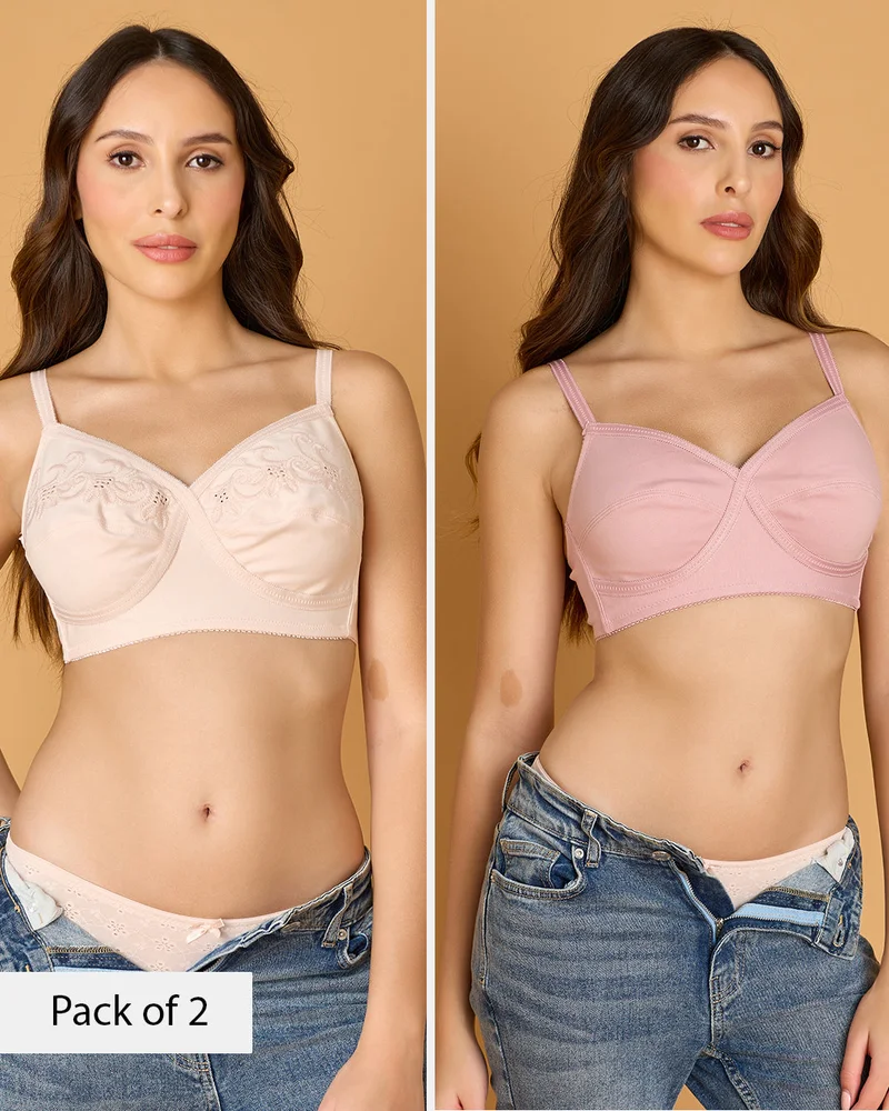 Redtag Women Assorted Embroidered  Non Padded Wired Bra 2 Pack