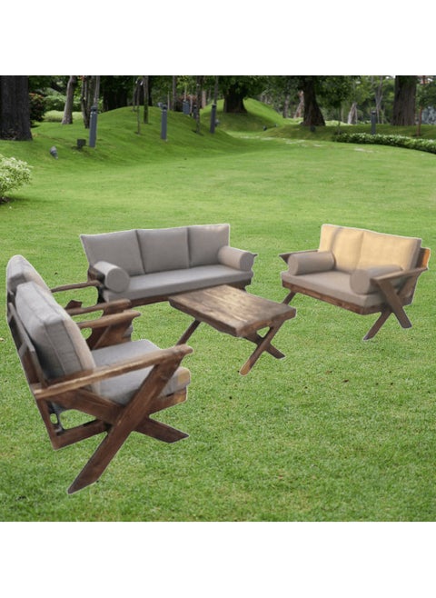 Mardod Saudi Outdoor Seating Set Made of Natural European Wood Consisting of a Three-Seater Sofa + a Two-Seater Sofa + 2 Chairs + a Coffee Table in the Middle - Color: Beige + Wood - Model: MS_SET_WD_00012
