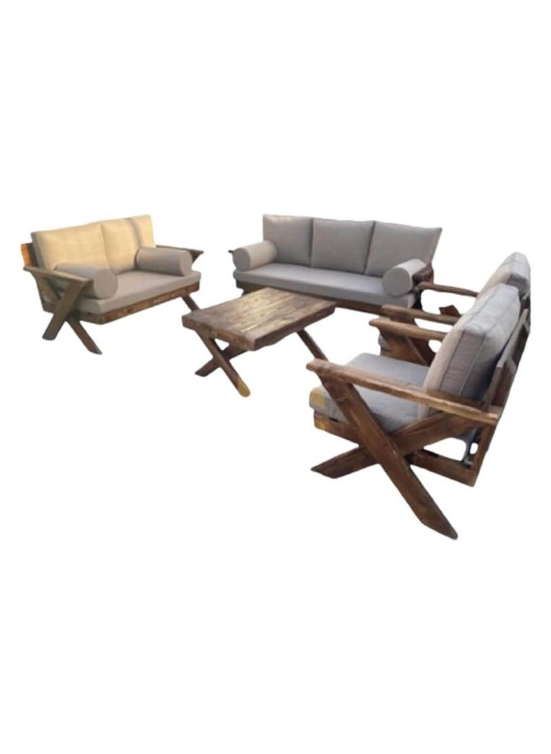 Generic - Mardod Saudi Outdoor Seating Set Made of Natural European Wood Consisting of a Three-Seater Sofa + a Two-Seater Sofa + 2 Chairs + a Coffee Table in the Middle - Color: Beige + Wood - Model: MS_SET_WD_00012 - Image 1