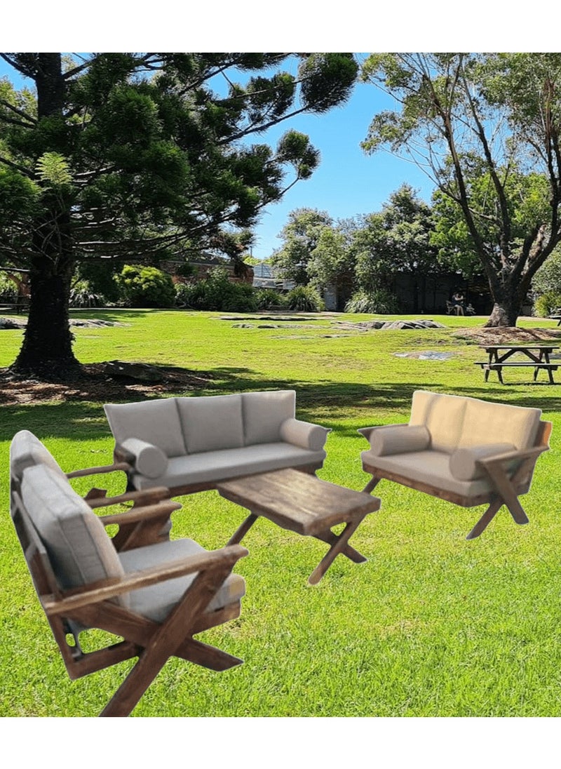 Generic - Mardod Saudi Outdoor Seating Set Made of Natural European Wood Consisting of a Three-Seater Sofa + a Two-Seater Sofa + 2 Chairs + a Coffee Table in the Middle - Color: Beige + Wood - Model: MS_SET_WD_00012 - Image 1