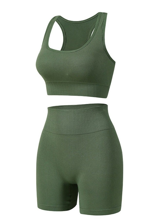 Loquat Women's Solid Color Sport Fitness Lingerie Set 2-piece Seamless Wireless Wide Shoulders Bra Vest+High Waist Boxer Briefs Sport Suit Army Green 