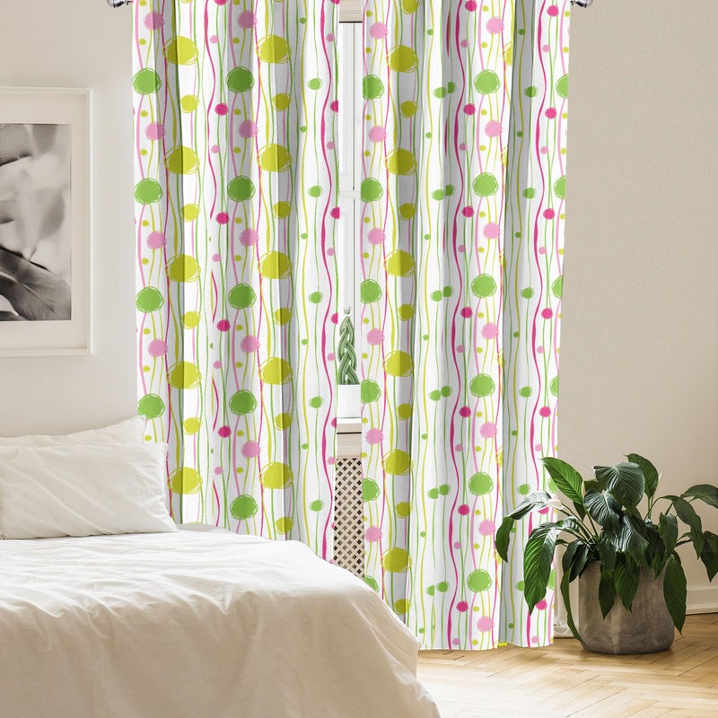 Ambesonne Ambesonne Green and Pink Window Curtains  Doodle Style Random Wavy Stripes with Big Small Spots Art Theme  Lightweight Decor 2-Panel Set with Rod Pocket  Pair of - 28"" x 95""  White Green - Image 4