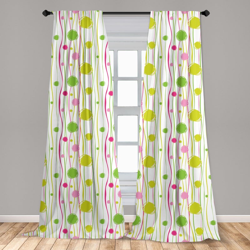 Ambesonne Ambesonne Green and Pink Window Curtains  Doodle Style Random Wavy Stripes with Big Small Spots Art Theme  Lightweight Decor 2-Panel Set with Rod Pocket  Pair of - 28"" x 95""  White Green - Image 3