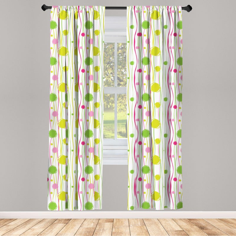 Ambesonne Ambesonne Green and Pink Window Curtains  Doodle Style Random Wavy Stripes with Big Small Spots Art Theme  Lightweight Decor 2-Panel Set with Rod Pocket  Pair of - 28"" x 95""  White Green - Image 2