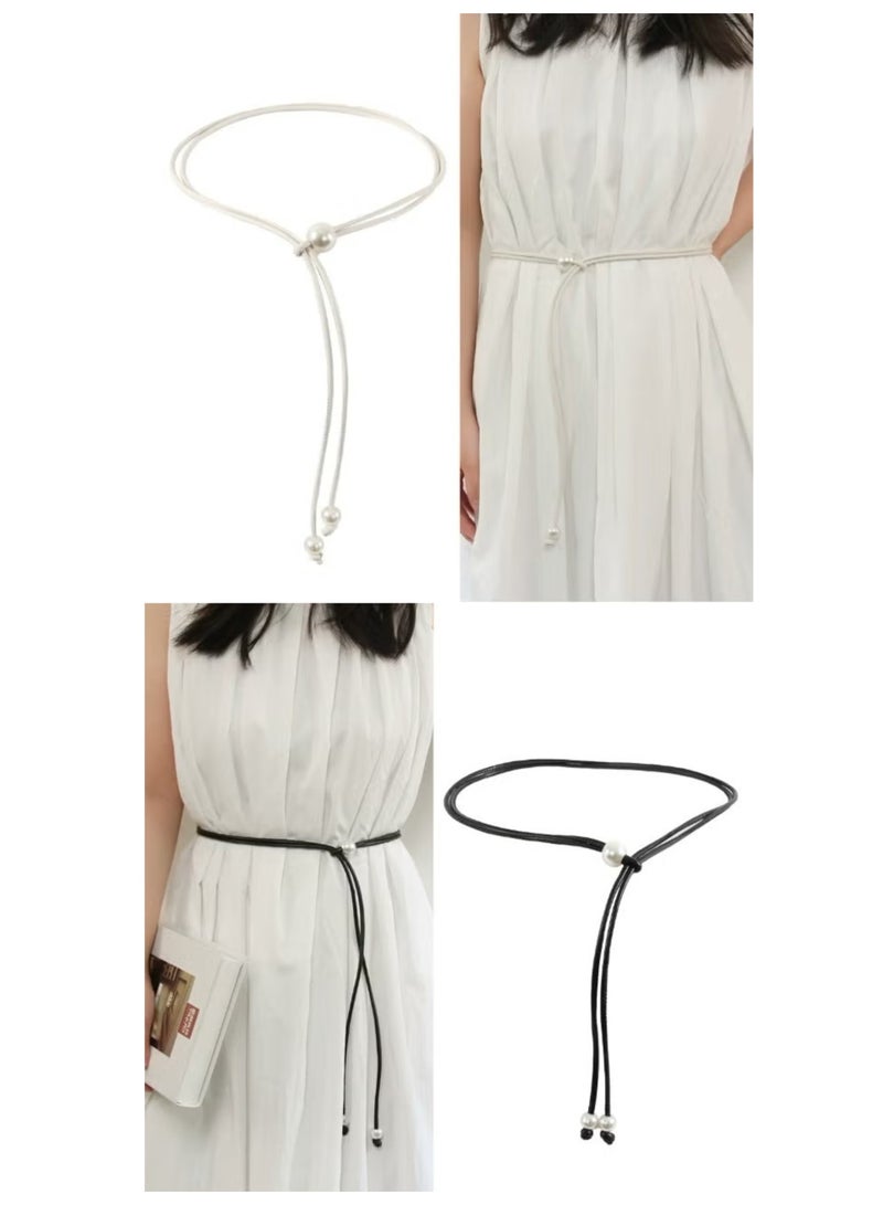 2pcs Womens Belt PU Leather Skinnny Belt Knotted Adjustable Slim Leather Waist Band Strap Rope Waistbands Belt For Jeans Pants Dresses(Black+White) - Image 1