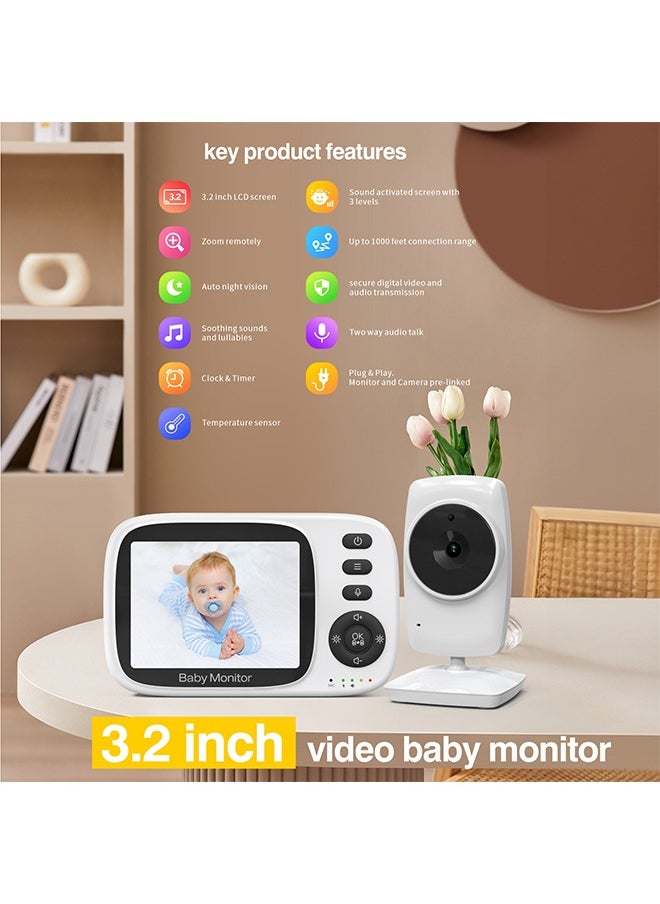 Ocean - Video Baby Monitor with 1000ft Long Range, Auto Night Vision & Lullabies Playing, 3.2'' LCD Display, 2-Way Audio Talk, Temperature Sensor, Clock & Timer, Support 2X Zoom Amplification - Image 1