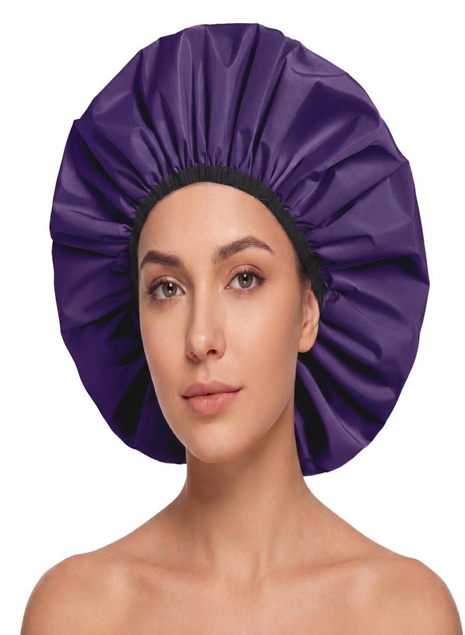 Edoneery Extra Large Shower Cap for Women, Reusable Waterproof Shower Bonnet with Satin Lining, Double Layer Washable Bath Hair Cap for Braids, Locs, Long Thick Curly Hair, Natural Hair(Big Dark Purple - Image 1