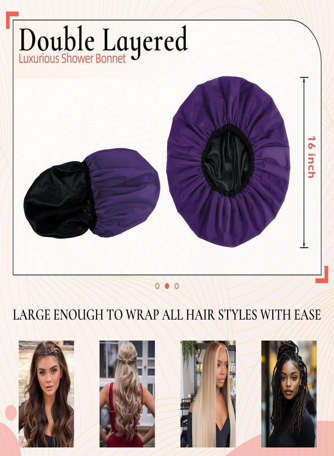 Edoneery Extra Large Shower Cap for Women, Reusable Waterproof Shower Bonnet with Satin Lining, Double Layer Washable Bath Hair Cap for Braids, Locs, Long Thick Curly Hair, Natural Hair(Big Dark Purple - Image 4