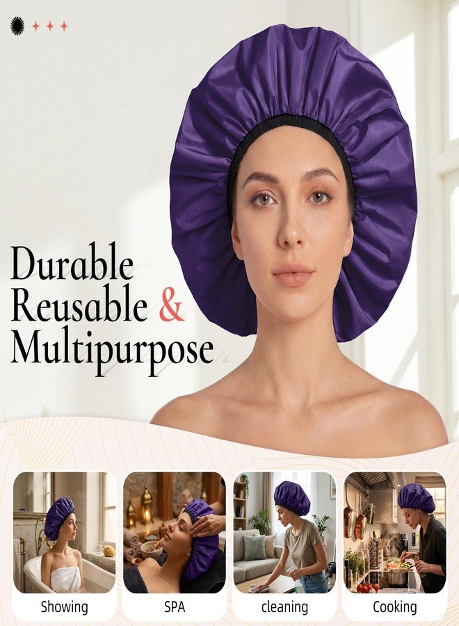 Edoneery Extra Large Shower Cap for Women, Reusable Waterproof Shower Bonnet with Satin Lining, Double Layer Washable Bath Hair Cap for Braids, Locs, Long Thick Curly Hair, Natural Hair(Big Dark Purple - Image 3