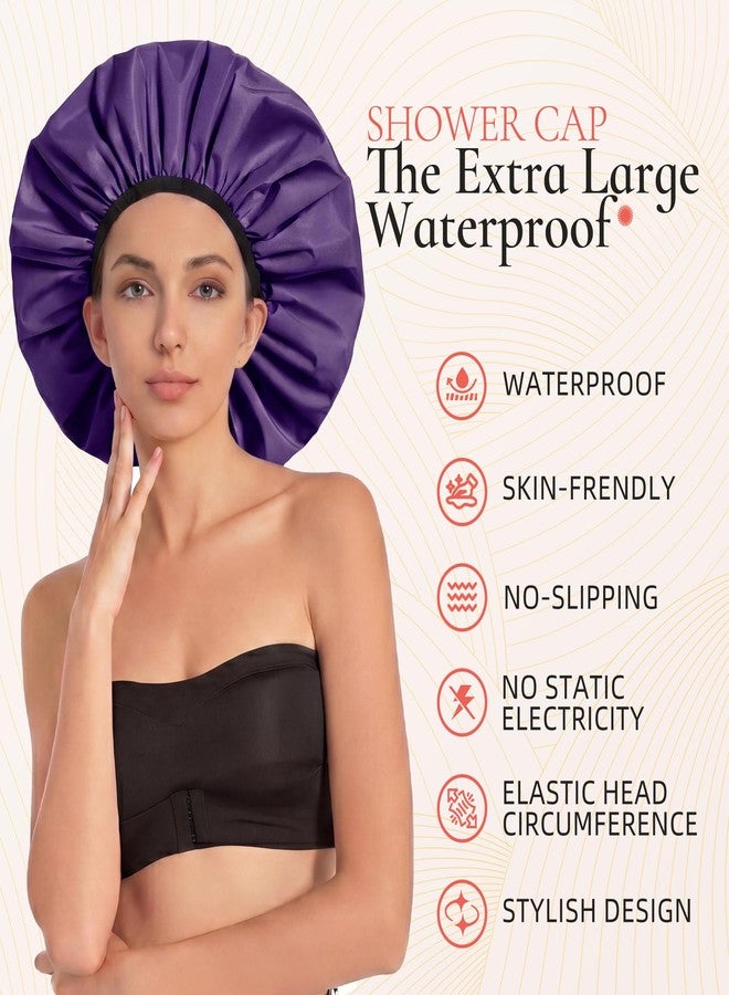 Edoneery Extra Large Shower Cap for Women, Reusable Waterproof Shower Bonnet with Satin Lining, Double Layer Washable Bath Hair Cap for Braids, Locs, Long Thick Curly Hair, Natural Hair(Big Dark Purple - Image 2