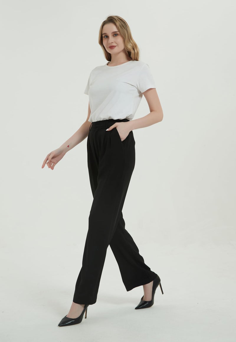 Tronjori Women High Waist Casual Straight Leg Long Business Work Suit Dress Pants Wide Leg Trousers Regular Waistband(4, Black) - Image 5