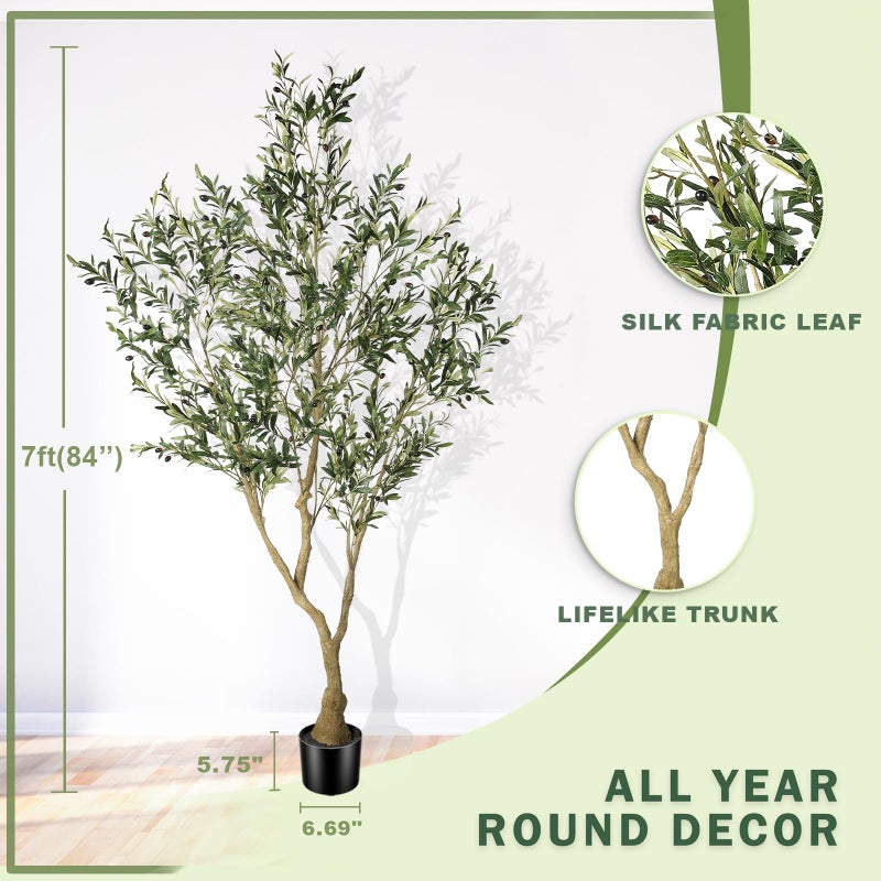 LYERSE Olive Trees Artificial Indoor - Faux Olive Tree 7ft with Large Olive Branches and Lifelike Fruits - Fake Olive Tree for Modern Home Office House Living Room Decor - Image 3