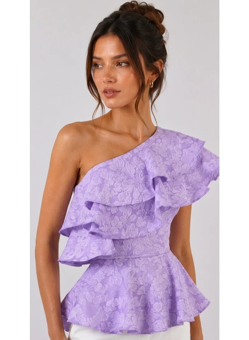 2Trendy Women's Lilac One-Shoulder Top with Ruffles and Peplum Hem