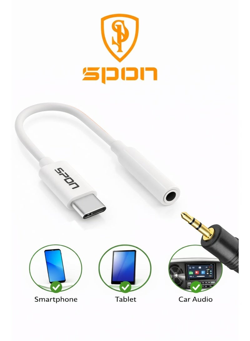 سبون محول USB Type-C إلى منفذ صوت سماعة 3.5 مم أنثى – شريحة صوت رقمية DAC – صوت عالي الدقة Hi-Fi – أبيض – 10 سم - Image 1