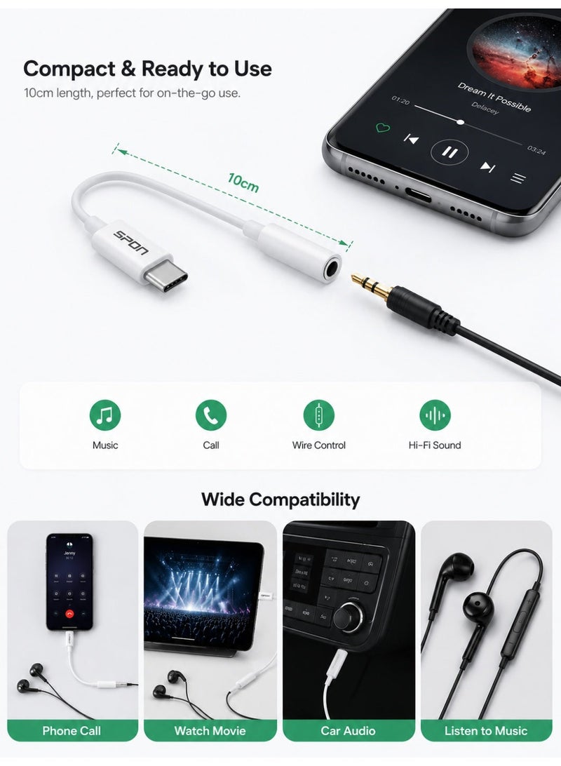 سبون محول USB Type-C إلى منفذ صوت سماعة 3.5 مم أنثى – شريحة صوت رقمية DAC – صوت عالي الدقة Hi-Fi – أبيض – 10 سم - Image 2