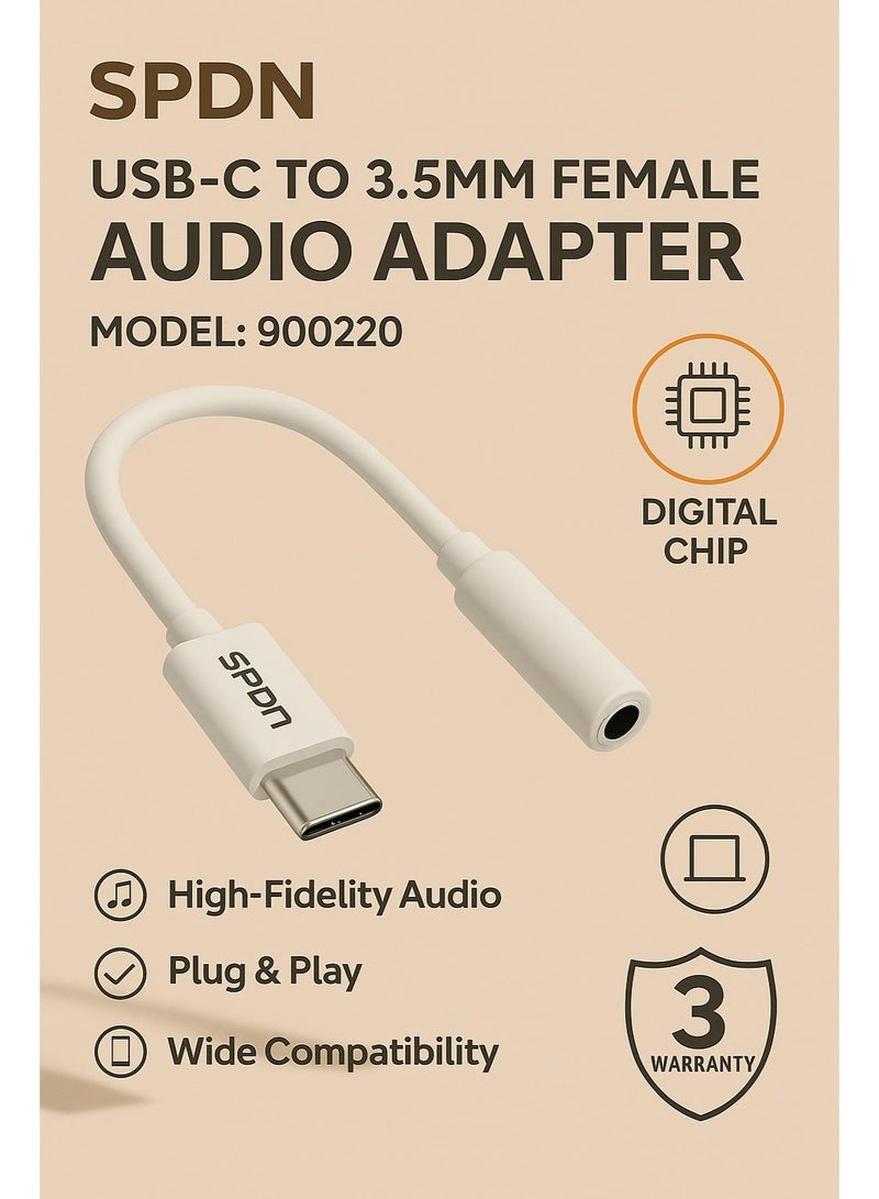سبون محول USB Type-C إلى منفذ صوت سماعة 3.5 مم أنثى – شريحة صوت رقمية DAC – صوت عالي الدقة Hi-Fi – أبيض – 10 سم - Image 4