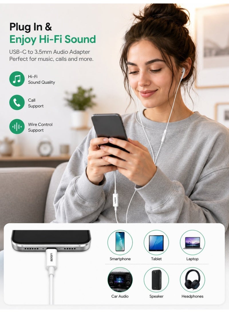 سبون محول USB Type-C إلى منفذ صوت سماعة 3.5 مم أنثى – شريحة صوت رقمية DAC – صوت عالي الدقة Hi-Fi – أبيض – 10 سم - Image 3
