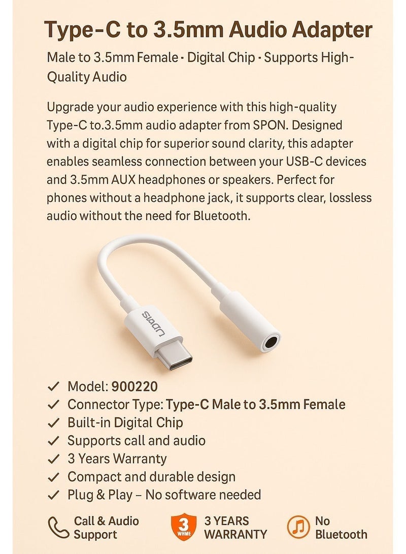 سبون محول USB Type-C إلى منفذ صوت سماعة 3.5 مم أنثى – شريحة صوت رقمية DAC – صوت عالي الدقة Hi-Fi – أبيض – 10 سم - Image 5