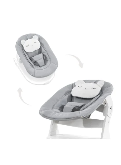 hauck Alpha Bouncer 661833 Baby Rocker High Chair Attachment 2 In 1 Can Be Used From Birth With Cushion And Compatible With Wooden High Chair Alpha + And Beta + Pastel Bear - Grey