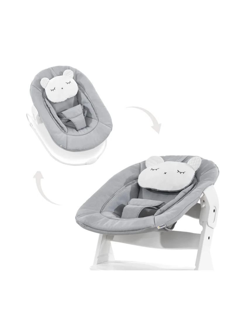 هوك Alpha Bouncer 661833 Baby Rocker High Chair Attachment 2 In 1 Can Be Used From Birth With Cushion And Compatible With Wooden High Chair Alpha + And Beta + Pastel Bear - Grey