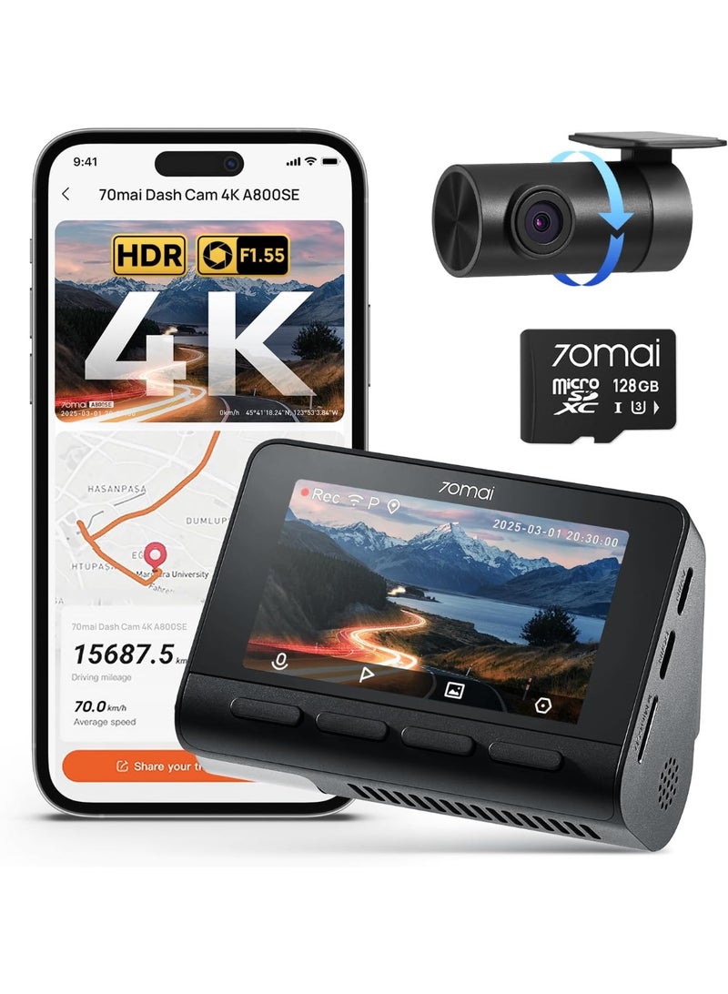 70 ماي كاميرا داش A800SE للسيارة أمامية وخلفية 4K UHD + 1080P مع GPS وواي فاي، كاميرا مزدوجة للسيارة تشمل بطاقة SD سعة 128GB، فتحة F1.55 HDR، مراقبة مواقف 24/7، رؤية ليلية، ADAS، شاشة IPS بحجم 3 إنش، تصل إلى 512GB كحد أقصى - Image 1