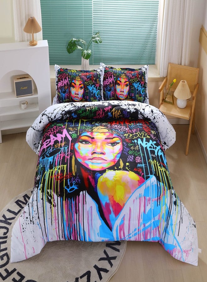 Suncloris African American Black Girl Comforter Set for Kids and Teens, Queen Size Colorfull Graffiti Style African Themed Bedding Comforter with 2 Afro Hair Magic Girls Pillowcases- 90" x 90" - Image 1