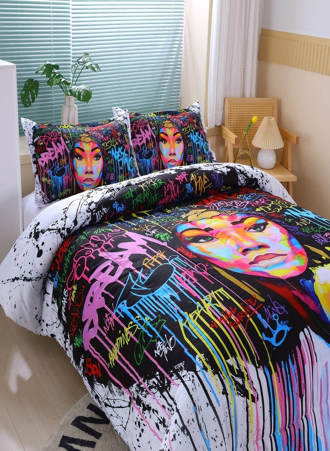Suncloris African American Black Girl Comforter Set for Kids and Teens, Queen Size Colorfull Graffiti Style African Themed Bedding Comforter with 2 Afro Hair Magic Girls Pillowcases- 90" x 90" - Image 4