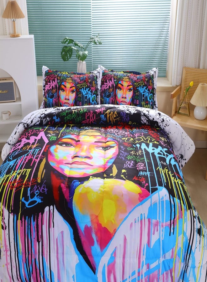 Suncloris African American Black Girl Comforter Set for Kids and Teens, Queen Size Colorfull Graffiti Style African Themed Bedding Comforter with 2 Afro Hair Magic Girls Pillowcases- 90" x 90" - Image 2