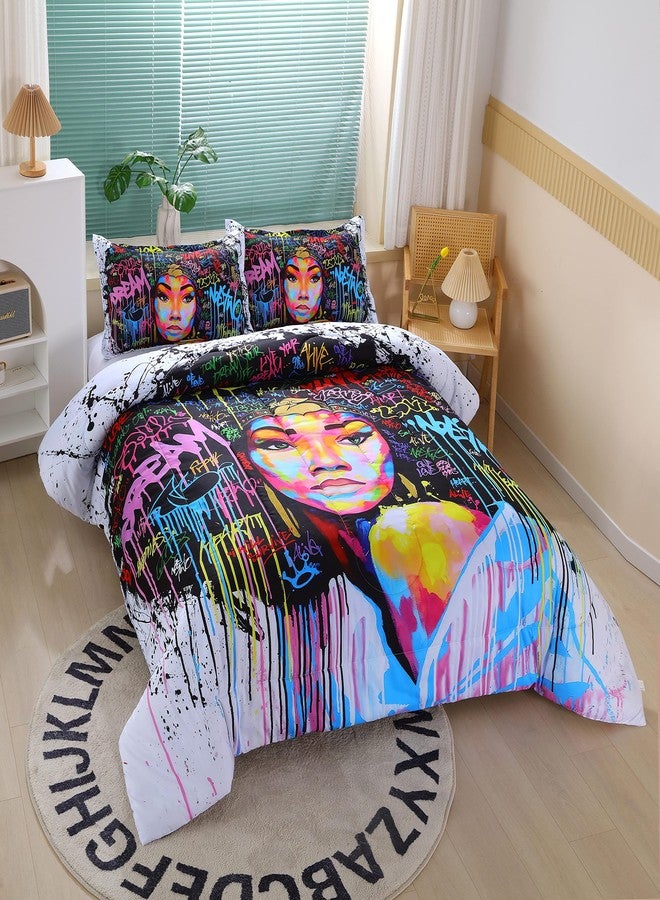 Suncloris African American Black Girl Comforter Set for Kids and Teens, Queen Size Colorfull Graffiti Style African Themed Bedding Comforter with 2 Afro Hair Magic Girls Pillowcases- 90" x 90" - Image 3