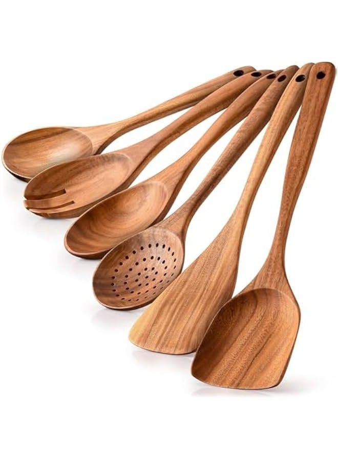 بيوينتي ماهمير ملاعق خشبية للطبخ من 6 قطع - ادوات خشبية من خشب الساج بلمسة نهائية ناعمة للطبخ - ملاعق خشبية ناعمة ومريحة للطبخ - ادوات طبخ خشبية غير لاصقة - مجموعات ملاعق خشبية - Image 1