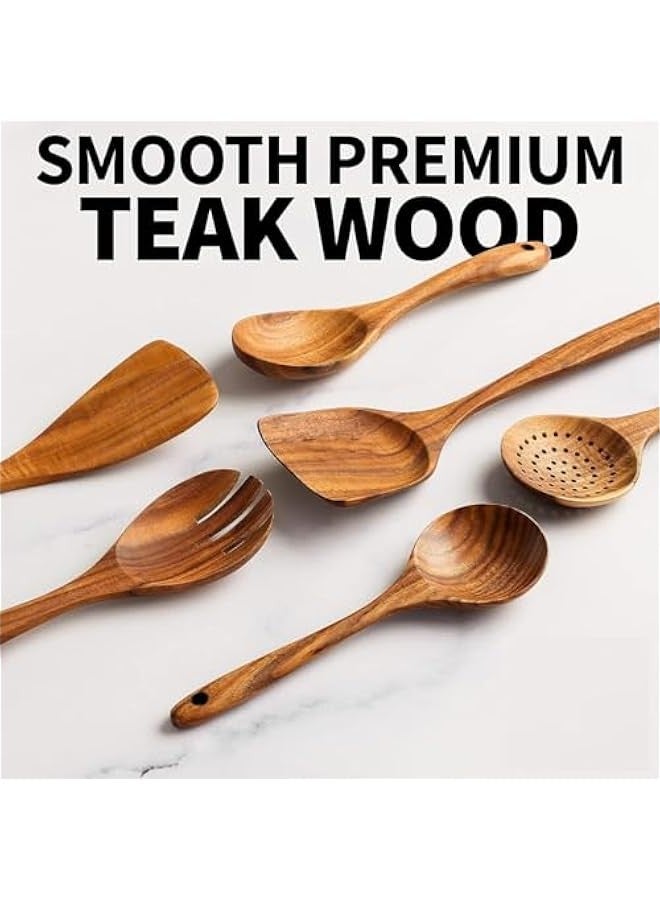 بيوينتي ماهمير ملاعق خشبية للطبخ من 6 قطع - ادوات خشبية من خشب الساج بلمسة نهائية ناعمة للطبخ - ملاعق خشبية ناعمة ومريحة للطبخ - ادوات طبخ خشبية غير لاصقة - مجموعات ملاعق خشبية - Image 3