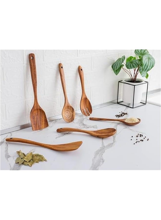 بيوينتي ماهمير ملاعق خشبية للطبخ من 6 قطع - ادوات خشبية من خشب الساج بلمسة نهائية ناعمة للطبخ - ملاعق خشبية ناعمة ومريحة للطبخ - ادوات طبخ خشبية غير لاصقة - مجموعات ملاعق خشبية - Image 5