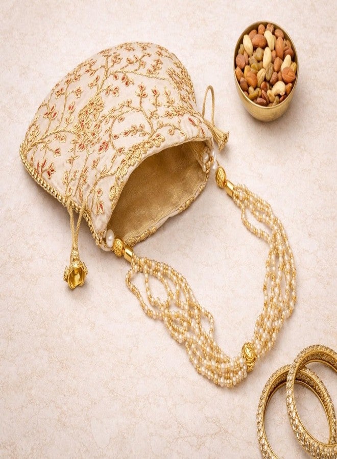 athizay Ethnic Potli Combo of 4 for Ladies Wedding Gifting Shagun (Beige, Golden) - Image 2