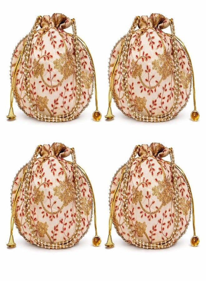 athizay Ethnic Potli Combo of 4 for Ladies Wedding Gifting Shagun (Beige, Golden) - Image 1