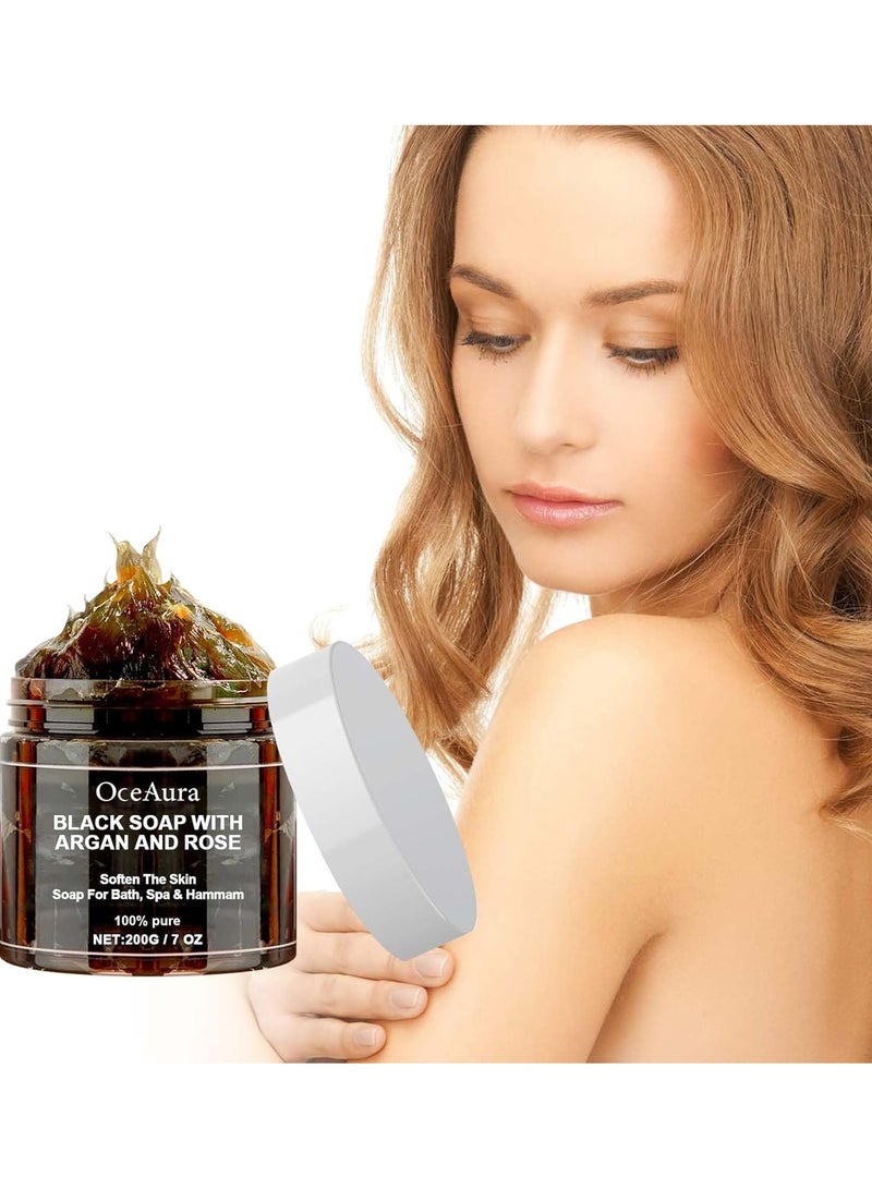 OceAura Morocco Black Beldi Soap With Argan and Rose, Argan Black Soap, Morocco Body Scrub, Body Exfoliator Scrub with Glove, Organic Cleansing, Exfoliating - Image 1