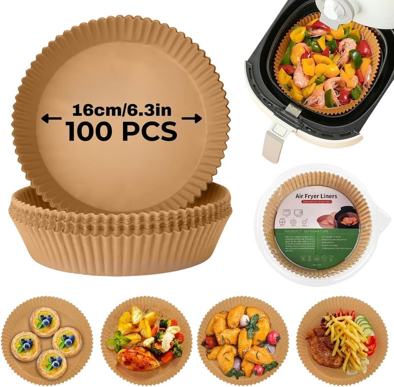 MARKQ ورق مقلاة الهواء القابل للاستخدام مرة واحدة - بطانات دائرية غير لاصقة، ورق خبز بدرجة غذائية لمقلاة الهواء، الفرن، الميكروويف، الطهي، الشواء، القلي، 16 سم، 100 ورقة - Image 1