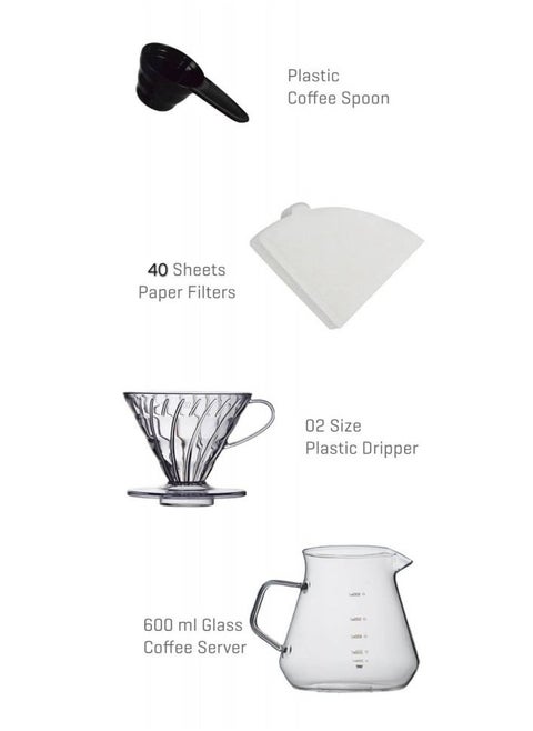 V60 Drip Coffee Preparation Set Consisting of 4 Pieces Clear and 40 paper filters.