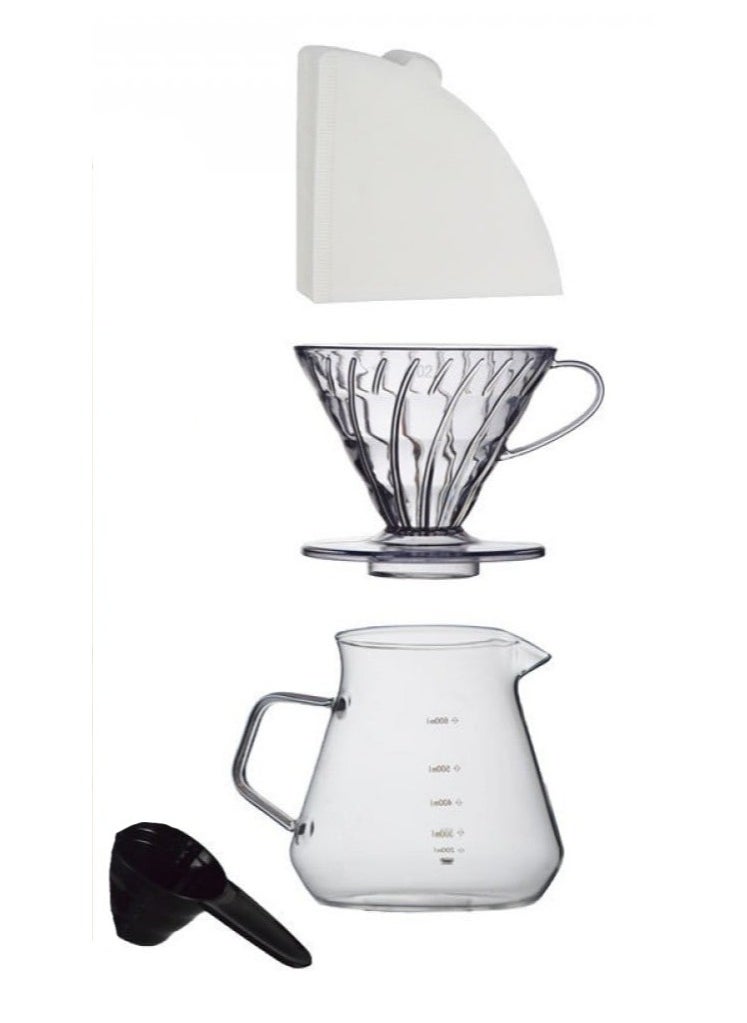 V60 Drip Coffee Preparation Set Consisting of 4 Pieces Clear and 40 paper filters.