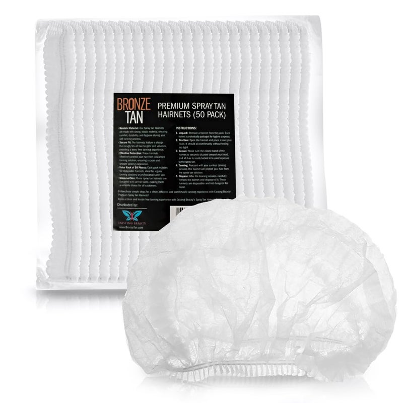 Existing Beauty Bronze Tan Hair Nets for Spray Tanning or Food Service - Spray Tanning Supplies - Essential for Sunless Tanning -Perfect for Salons and Home Use - Protects Hair from Spray Tan Solution - 50 Pack - Image 1