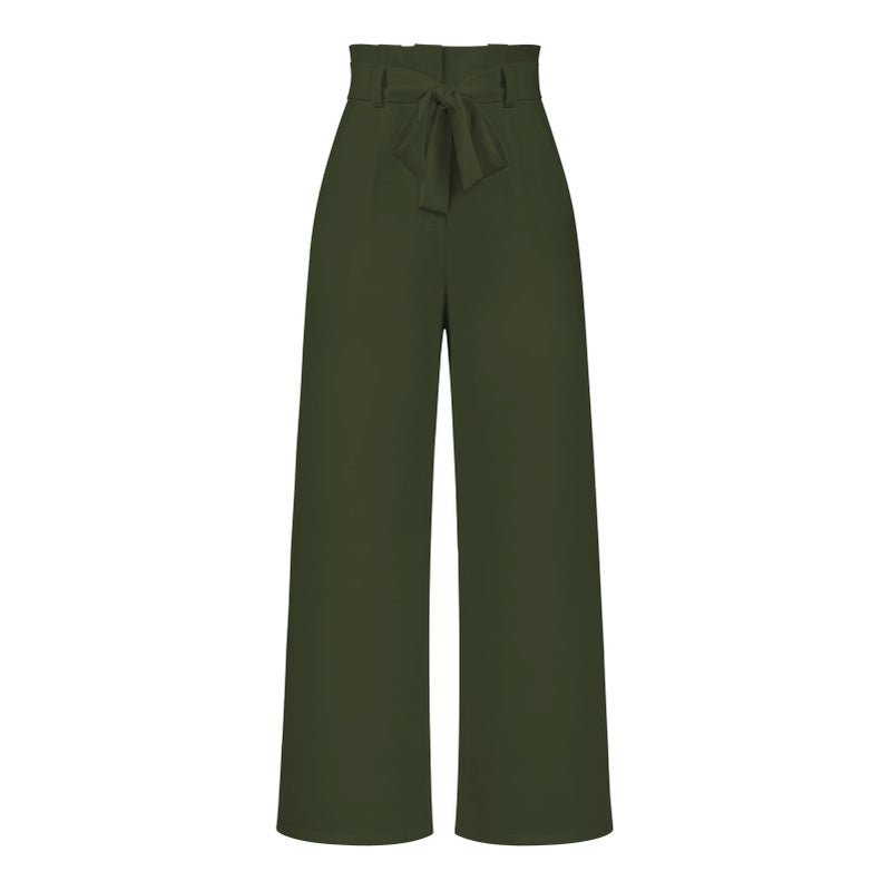 1 x 5 pcs Elegant Wide Leg Casual Pants for Womens Office Wear Summer Commuting Trousers with Belt High Waist Comfortable Ice Silk GKJL031-Army Green 