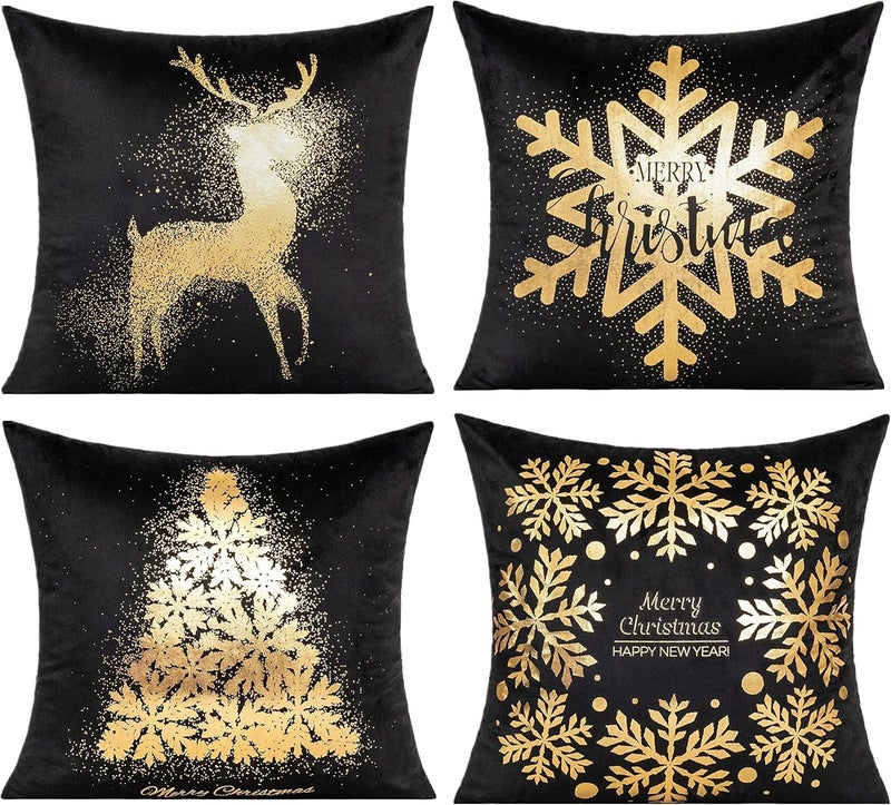 All Smiles Black Christmas Gold Throw Pillow Covers Xmas Cases Decorations 16X16 Set of 4 D?cor Indoor Home Soft Velvet Decorative Navidad Cushion for Sofa Couch Tree Snowflake Reindeer - Image 1