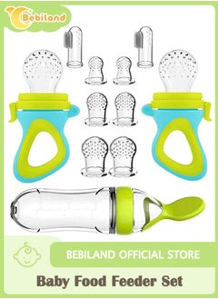 Bebiland 11Pcs Baby Food Feeder, 2 Silicone Baby Toothbrushes, 2 Pack Baby Fruit Feeder Pacifier Fresh Food Feeder with 6 Sizes Silicone Pouches, 1 Baby Feeding Spoons for Toddlers Infant,Green  - Image 1