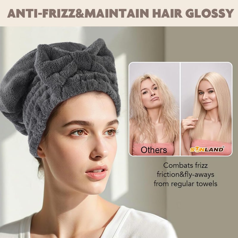 Sunland Large Microfiber Hair Drying Caps With Bow Knot Fast Drying Shower Cap Soft And Absorbent Hairwrap Hair Turban Bath Caps For Curly Thick And Wet Hair 11 X 13.4 Inch 2 Pack Dgrey - Image 4