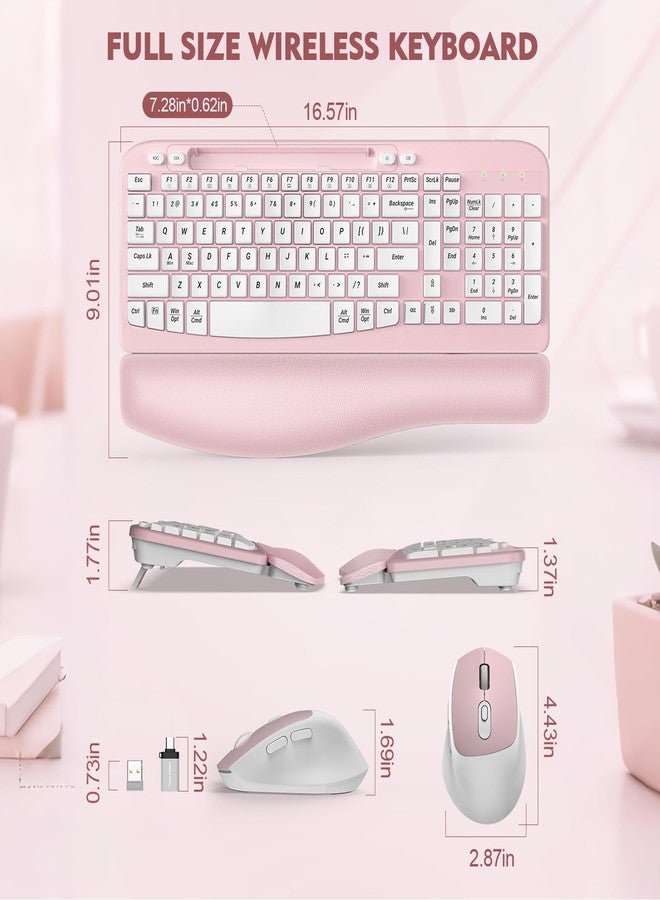 EAYBLLY Wireless Keyboard and Mouse Combo, Wireless Ergonomic Keyboard with Wrist Rest, Phone Holder, Sleep Mode, Silent 2.4GHz Cordless Keyboard Mouse Set for Computer, Laptop, PC, Windows (Pink) - Image 3