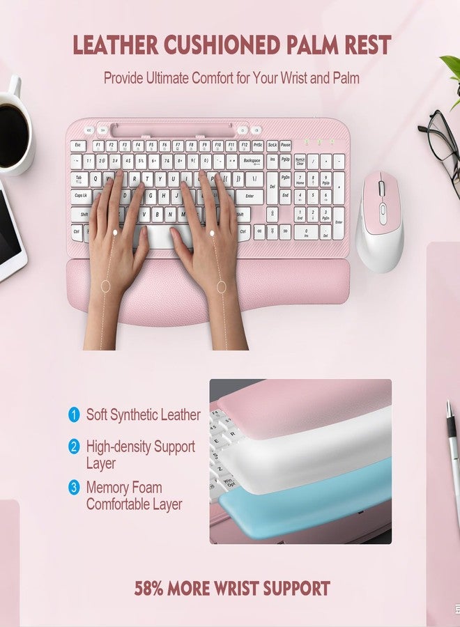 EAYBLLY Wireless Keyboard and Mouse Combo, Wireless Ergonomic Keyboard with Wrist Rest, Phone Holder, Sleep Mode, Silent 2.4GHz Cordless Keyboard Mouse Set for Computer, Laptop, PC, Windows (Pink) - Image 2